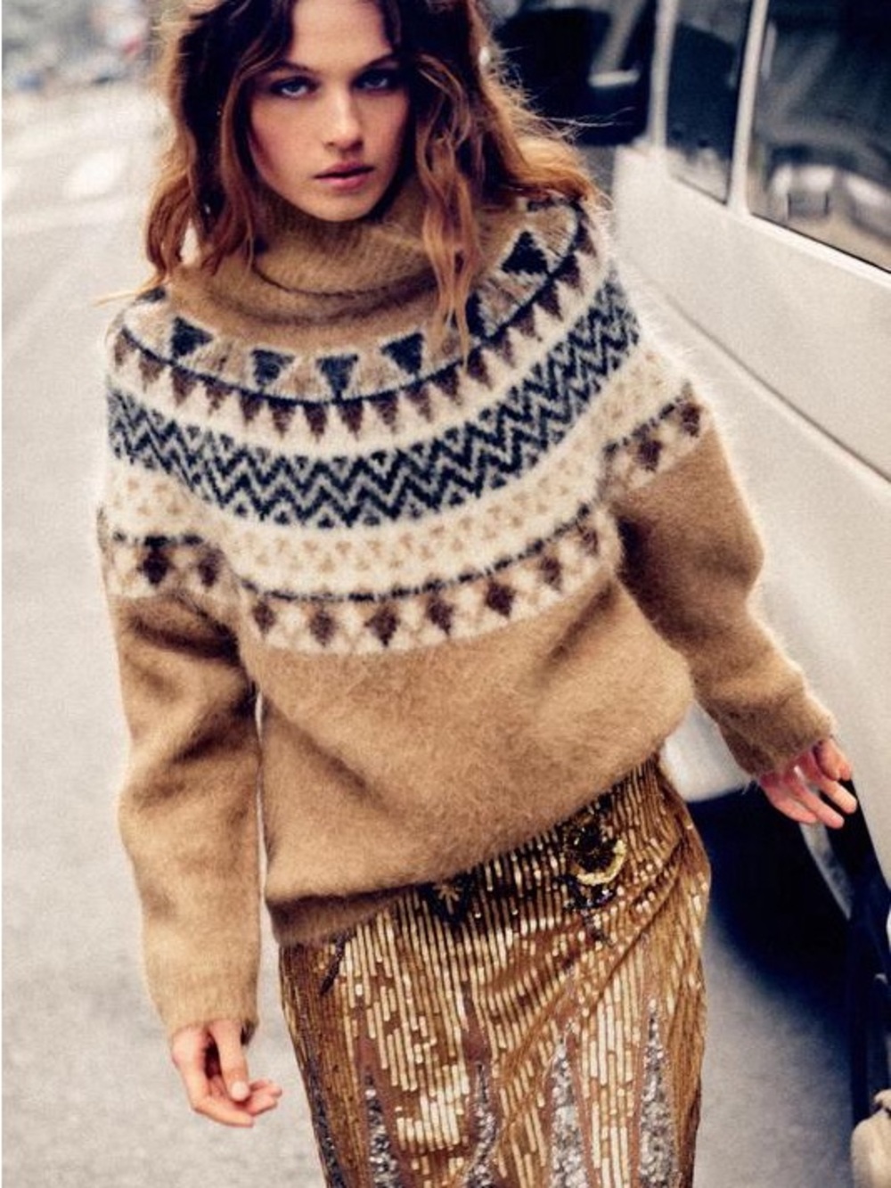 NWT. Zara Beige /Brown Alpaca-Blend Sweater with High Neck. Size M.